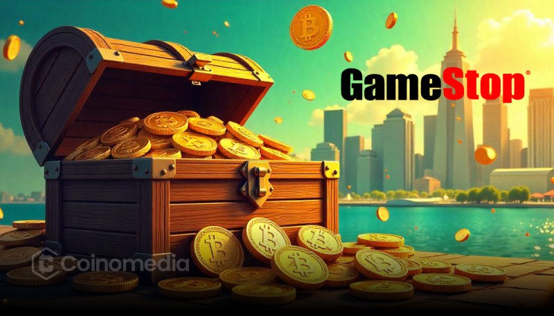 GameStop logo with Bitcoin symbol in background, representing treasury asset strategy