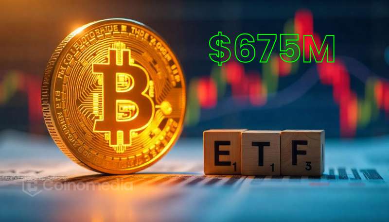 Chart showing Bitcoin spot ETF inflows hitting $675 million on May 2 with zero outflows.