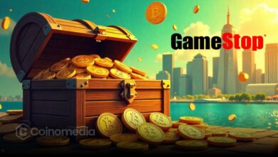 Gamestop headquarters with Bitcoin symbol, symbolizing Gamestop Bitcoin Purchase.