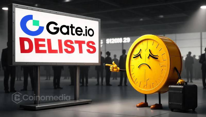 Gate.io token delisting notice with list of affected cryptocurrencies.