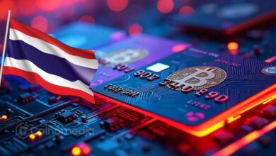Tourist using a crypto credit card in Thailand, merging traditional finance with digital assets.