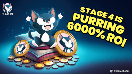 Troller Cat presale stage 4, buy TCAT now, Trollercat.com token, Brett price prediction 2025, meme coin staking 69% APY, Ethereum meme coin presale, TCAT vs BRETT price forecast, Game Center deflationary tokenomics, meme coin ROI calculator, Stage 5 Troller Cat investment window.