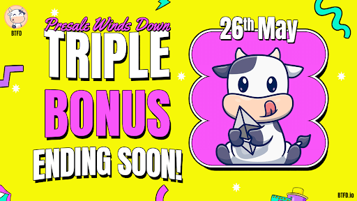 BTFD Coin presale with 8900% ROI potential, triple token bonus using LAUNCH200 code, P2E game and staking rewards