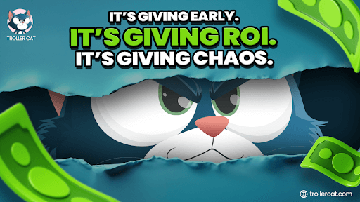 Troller Cat Stage 5 price chart, TCAT staking dashboard showing 69% APY, Referral code system from Trollercat.com, Fartcoin chart consolidating under resistance, FLOKI breakdown below support, Meme coin leaderboard performance, Game Center deflation model diagram, ROI chart comparing presale to listing price, Presale stage progression graphic for Troller Cat.