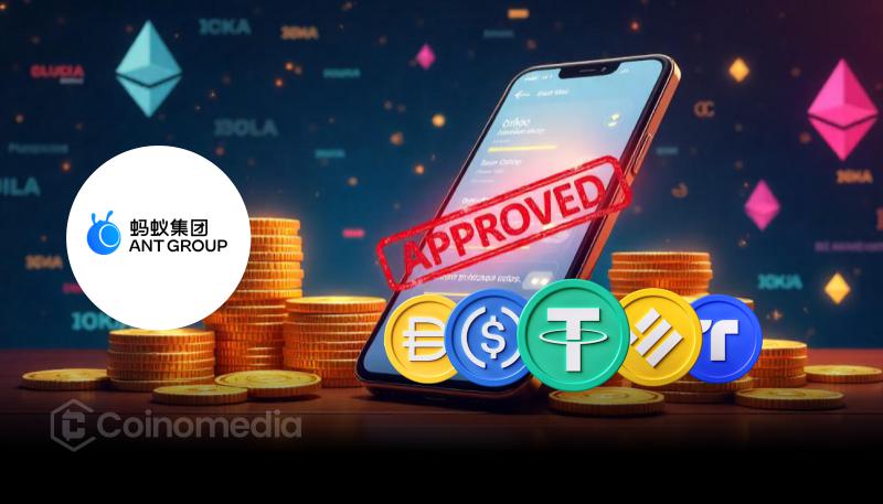 Ant Group office with blockchain and stablecoin symbols representing licensing expansion