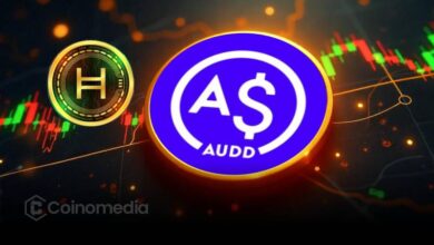 Australian Digital Dollar stablecoin ($AUDD) logo on a Hedera network background”