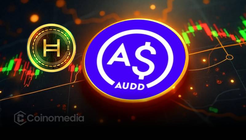 Australian Digital Dollar stablecoin ($AUDD) logo on a Hedera network background”
