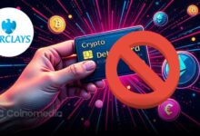 Barclays crypto ban – blocked credit card with crypto symbols in the background.