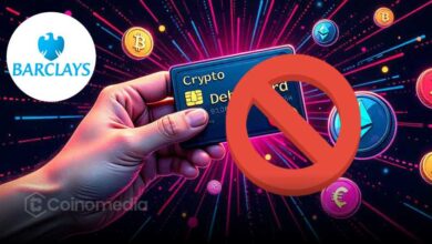 Barclays crypto ban – blocked credit card with crypto symbols in the background.