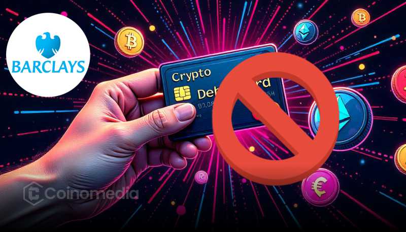 Barclays crypto ban – blocked credit card with crypto symbols in the background.