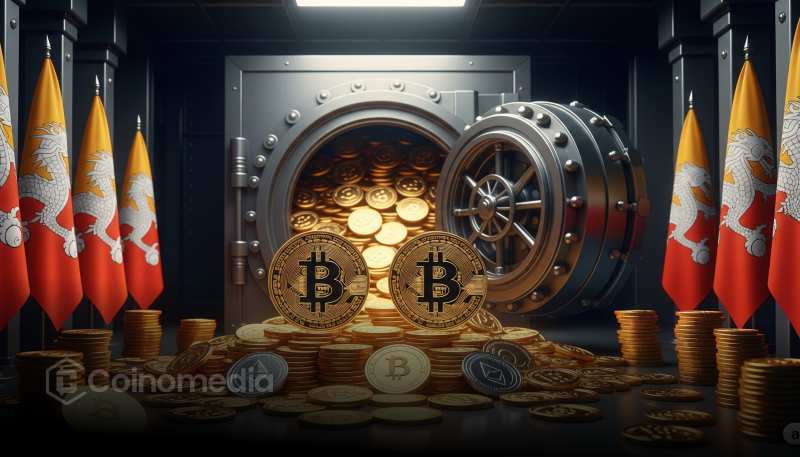 Scenic view of Bhutan’s mountains with Bitcoin symbol overlay, representing the country’s Bitcoin holdings.