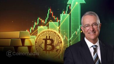 Illustration of Bitcoin coins next to a golden bar, symbolizing Bitcoin challenging gold’s value.