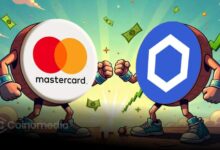 Mastercard and Chainlink logos with crypto tokens showing digital transaction flow.