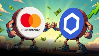 Mastercard and Chainlink logos with crypto tokens showing digital transaction flow.