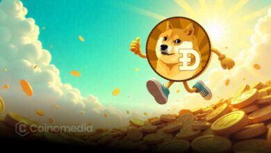 Dogecoin price prediction chart showing 10-year logarithmic growth path.