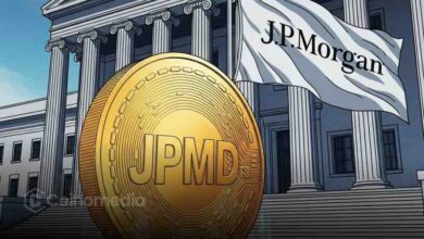 JPMorgan logo with digital currency and blockchain background