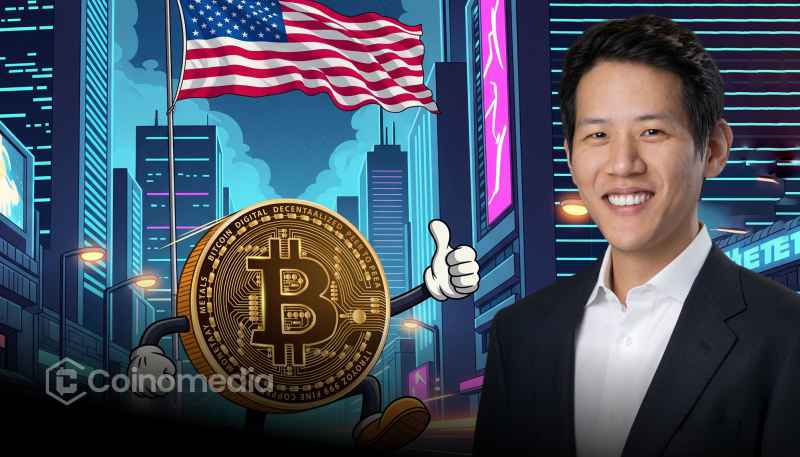 Young investor holding a Bitcoin coin in front of an American flag, symbolizing the new American Dream.