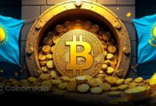 Illustration showing Kazakhstan’s flag overlaid on Bitcoin coins, symbolizing the country’s plan for a crypto reserve.