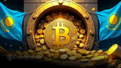 Illustration showing Kazakhstan’s flag overlaid on Bitcoin coins, symbolizing the country’s plan for a crypto reserve.