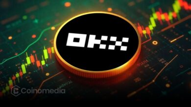 OKX exchange logo with Wall Street background, symbolizing IPO ambitions in the US market.