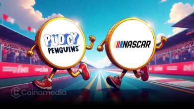 Pudgy Penguins NASCAR partnership featuring Pengu on racetrack branding