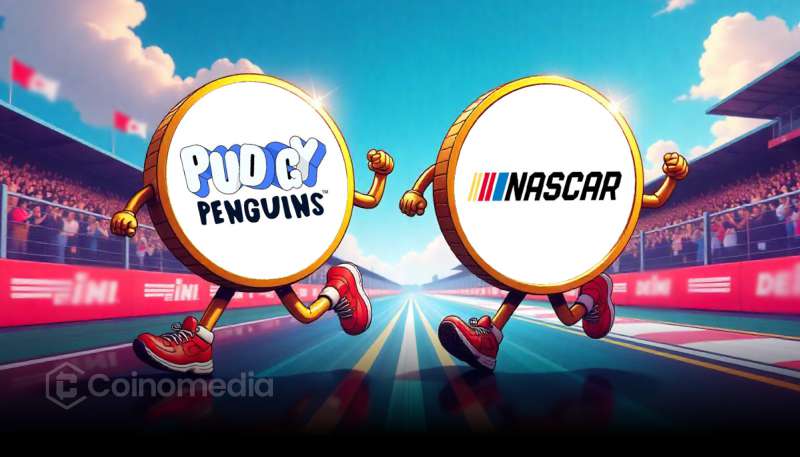 Pudgy Penguins NASCAR partnership featuring Pengu on racetrack branding