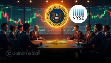 NYSE building with crypto tokens overlay, symbolizing SEC-NYSE meeting on regulation and tokenized equities.