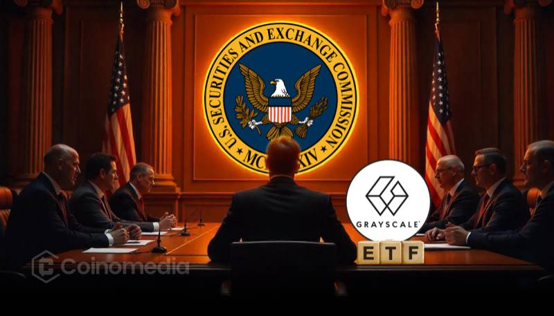 Graphic showing SEC and Grayscale logos beside icons of BTC, ETH, XRP, SOL, and ADA labeled as “Digital Large Cap Fund ETF.”