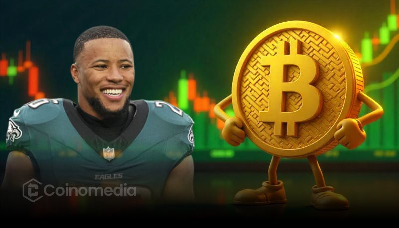 Saquon Barkley holding a football with a digital Bitcoin graphic overlay