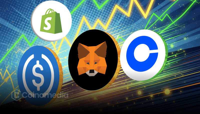 Person checking out on Shopify website using MetaMask wallet for USDC payment.