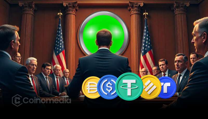 Illustration of the GENIUS Act stablecoin regulation with a gavel, stablecoin icons, and regulatory symbols.
