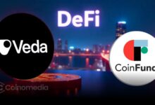 Graphical illustration of modular DeFi vault infrastructure by Veda Highlighting Key Investment Round with CoinFund and partners.