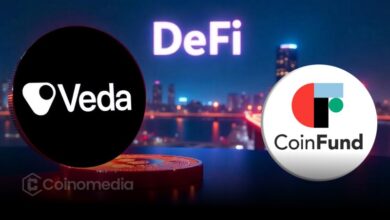 Graphical illustration of modular DeFi vault infrastructure by Veda Highlighting Key Investment Round with CoinFund and partners.