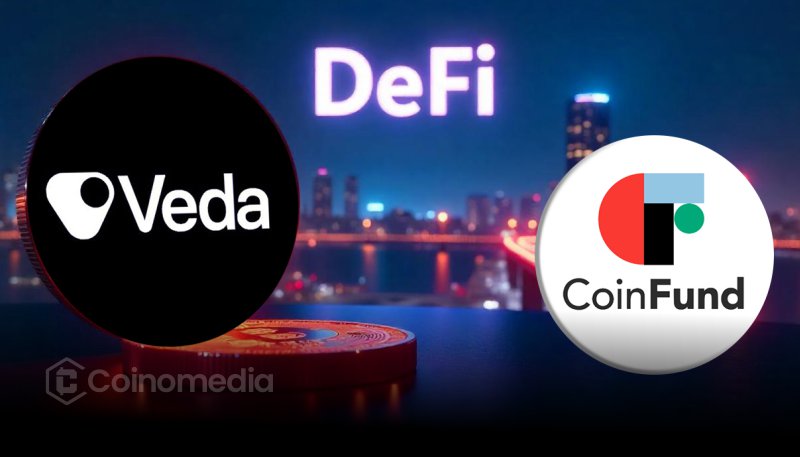 Graphical illustration of modular DeFi vault infrastructure by Veda Highlighting Key Investment Round with CoinFund and partners.
