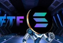 “SOL staking ETF” fund document beside a Solana coin and staking rewards graphic.