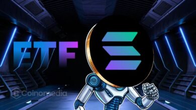 “SOL staking ETF” fund document beside a Solana coin and staking rewards graphic.