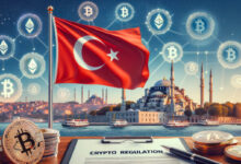 Illustration of Turkey flag overlaid with crypto symbols and legal scale, highlighting new crypto regulations focus.