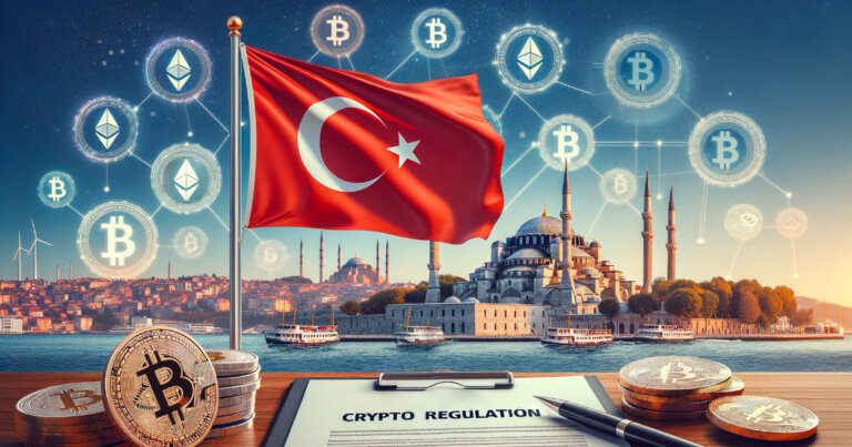 Illustration of Turkey flag overlaid with crypto symbols and legal scale, highlighting new crypto regulations focus.