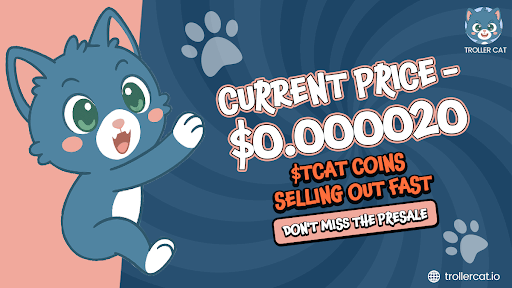 Troller Cat, Buy TCAT, Bonk price prediction, Solana meme coin forecast, meme coin presale, $225K presale raise, 2429% ROI crypto, 69% staking APY, Game Center token burn, passive income crypto.