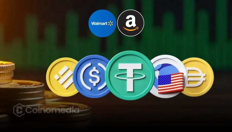 “Walmart and Amazon logos with digital coin representing USD stablecoin”
