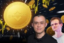 Binance founder CZ presenting BNB tokens to Vitalik for biotech donation