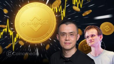 Binance founder CZ presenting BNB tokens to Vitalik for biotech donation