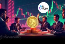 Bit Origin logo with Dogecoin symbol and financial chart background
