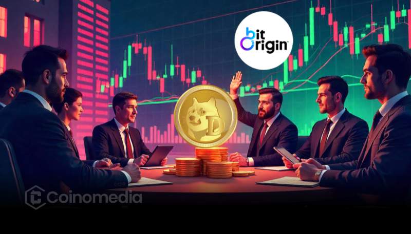Bit Origin logo with Dogecoin symbol and financial chart background