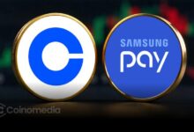 Coinbase app with Samsung Pay option on smartphone screen