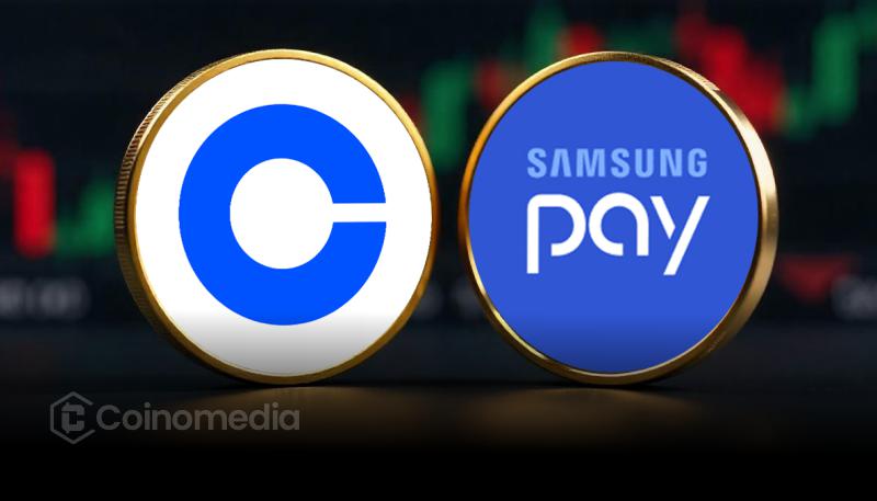 Coinbase app with Samsung Pay option on smartphone screen