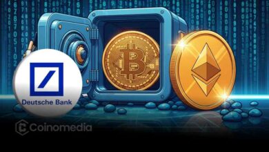 Deutsche Bank logo with Bitcoin tokens, highlighting crypto custody services.