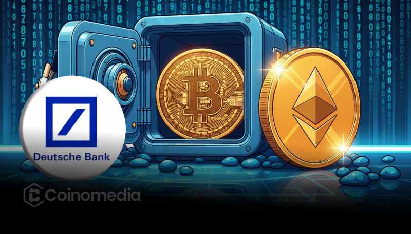 Deutsche Bank logo with Bitcoin tokens, highlighting crypto custody services.