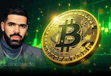 Drake rapper performing on stage with Bitcoin icon overlay referencing his new song lyrics
