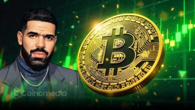 Drake rapper performing on stage with Bitcoin icon overlay referencing his new song lyrics